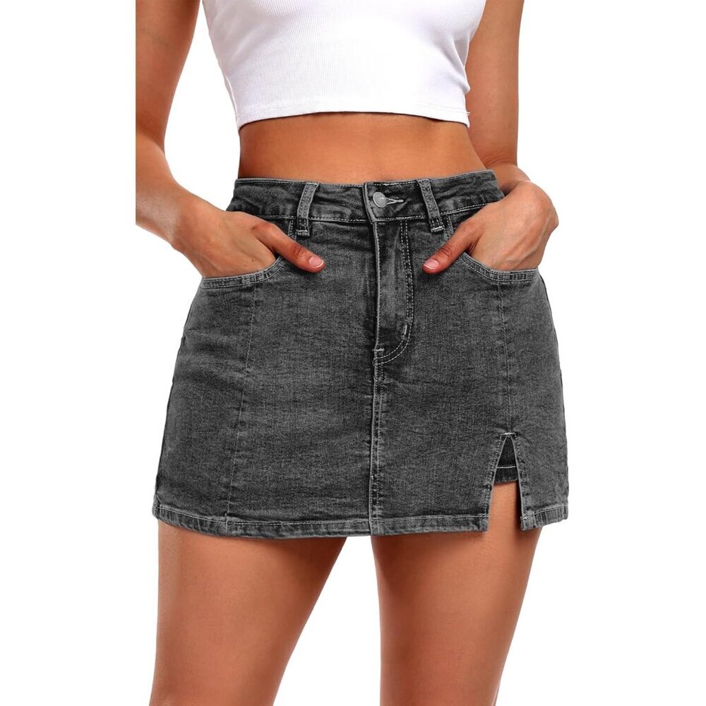 Women’s Side Slit Denim Skort High-Waisted Mini Jean Shorts with Pockets